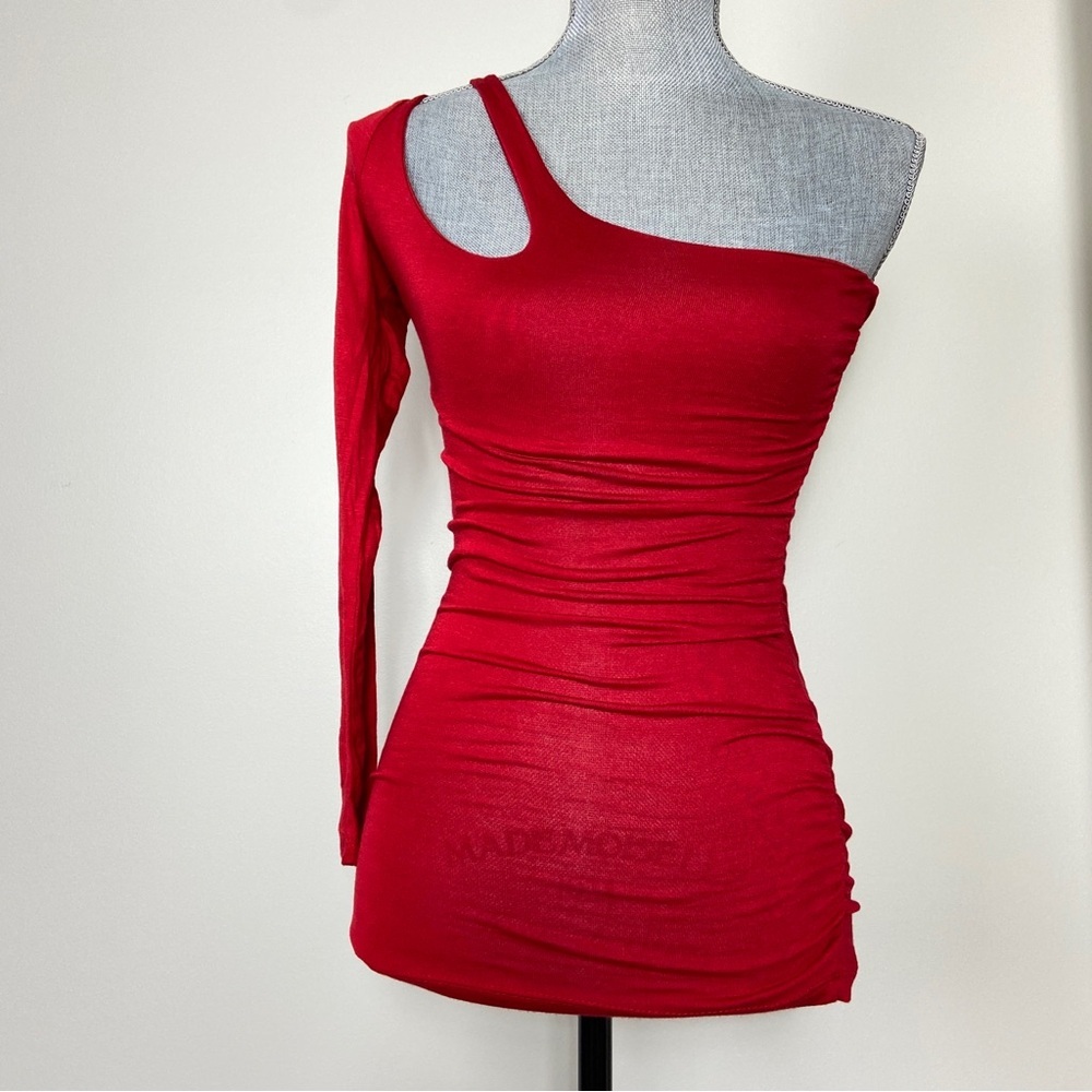 Red One-Shoulder Keyhole long sleeve Top. Rockstar Chic. Night out. Dress Shirt.